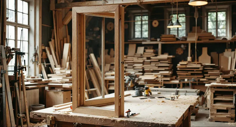 Cadre de fenêtre en chêne en cours d'assemblage sur un établi d'atelier