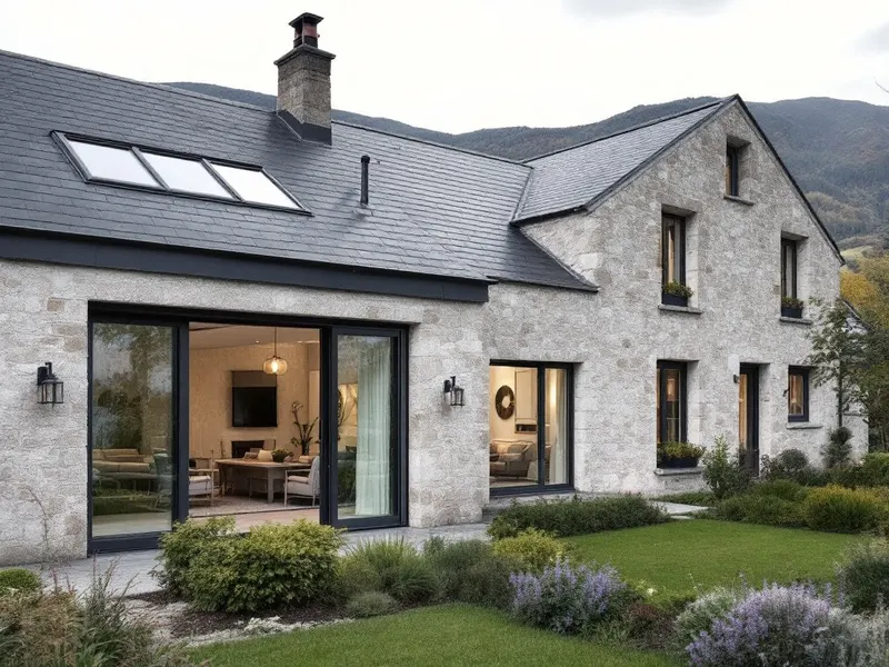 Maison en pierre rénovée avec de grandes baies vitrées en aluminium gris anthracite