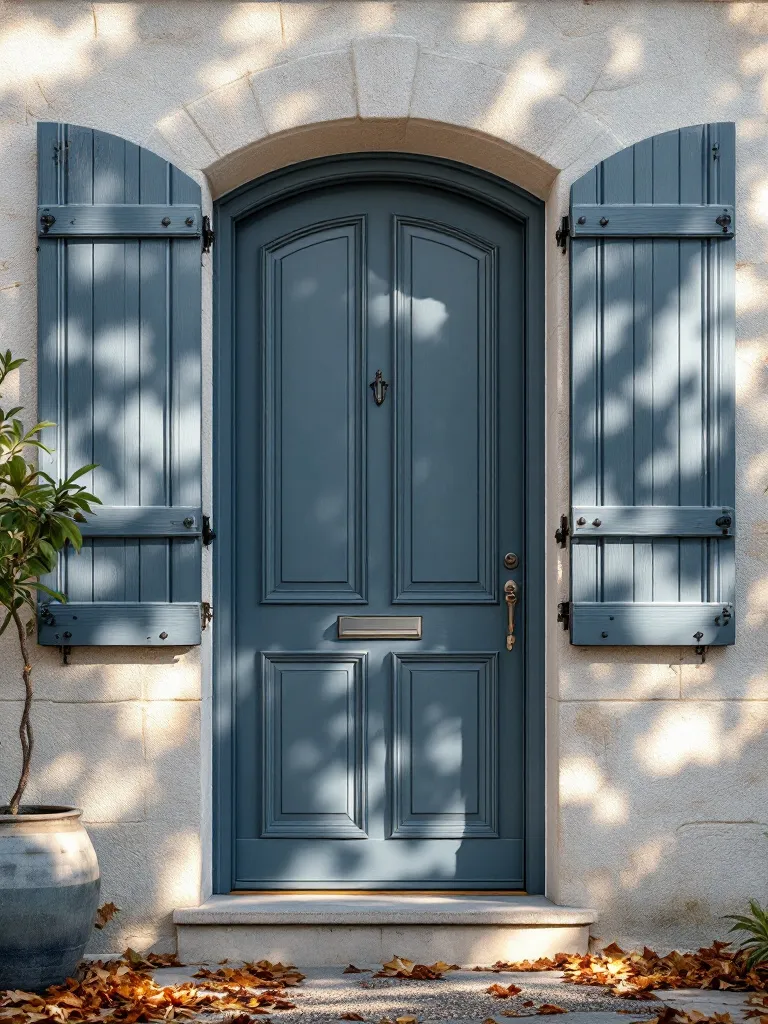 Porte d'entrée en bois peinte en bleu ardoise, encadrée de volets assortis